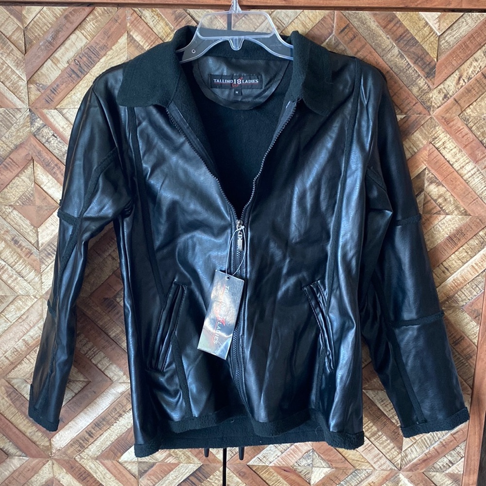 Women’s Black vegan leather zip long sleeve jacket size medium new with tags